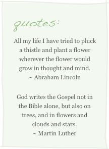 quotes:
All my life I have tried to pluck a thistle and plant a flower wherever the flower would grow in thought and mind.      ~ Abraham Lincoln
God writes the Gospel not in the Bible alone, but also on trees, and in flowers and clouds and stars.                             ~ Martin Luther
